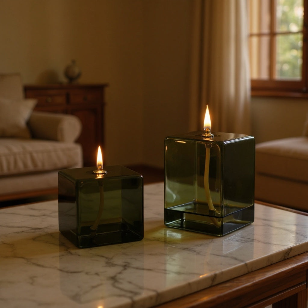 Green Cubic Glass Oil Lamp Trio Set