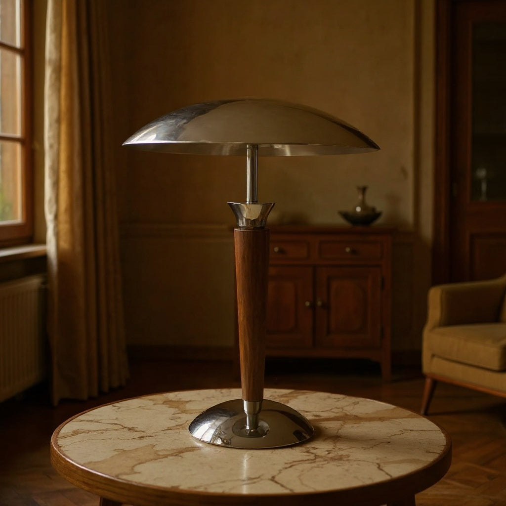 Mid-Century Modern Chrome and Wood Table Lamp