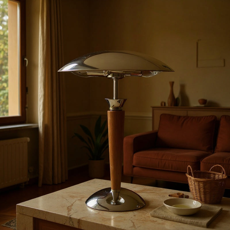 Mid-Century Modern Chrome and Wood Table Lamp