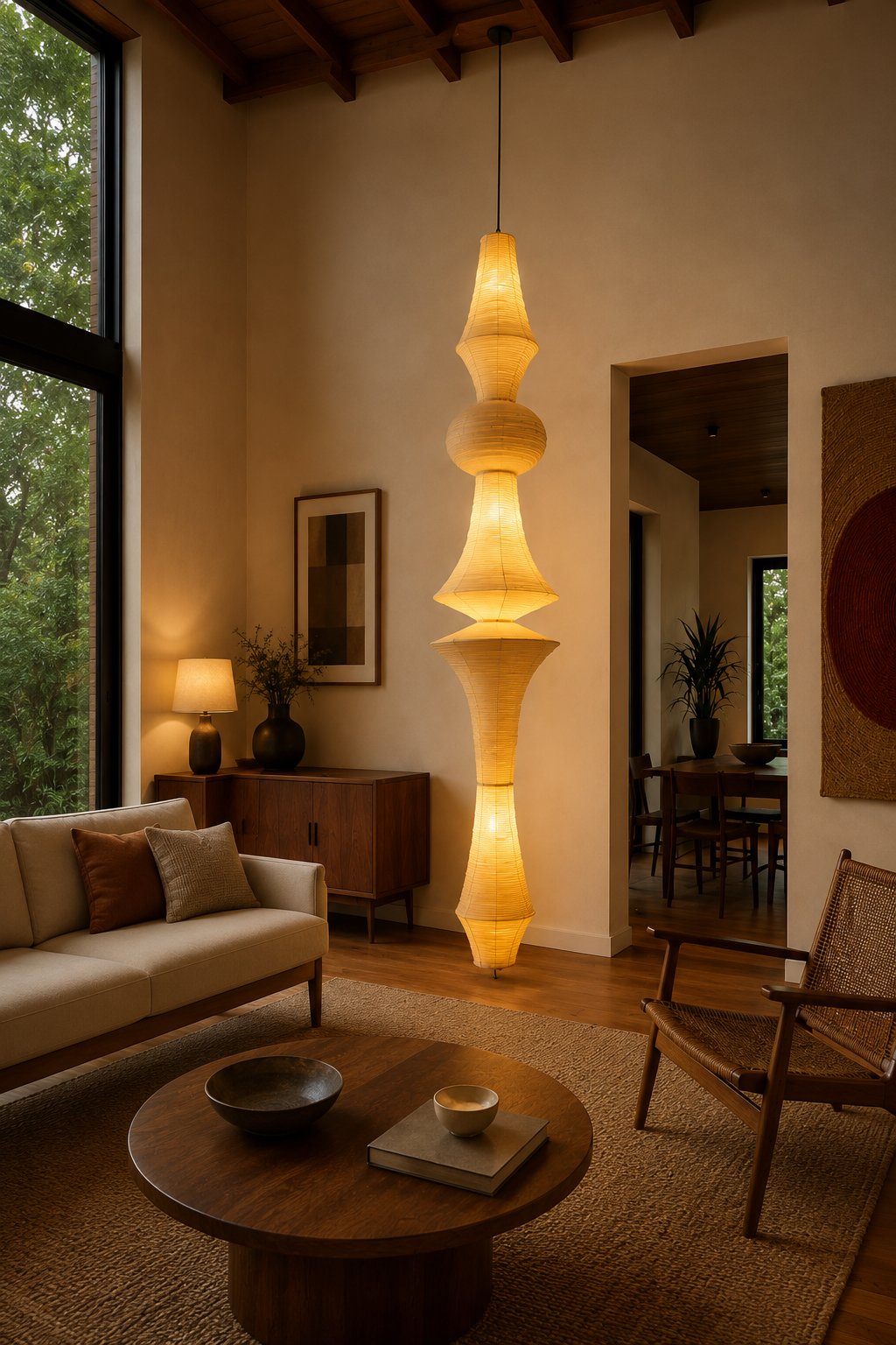 Noguchi Akari Style Sculptural Rice Paper Pendant
