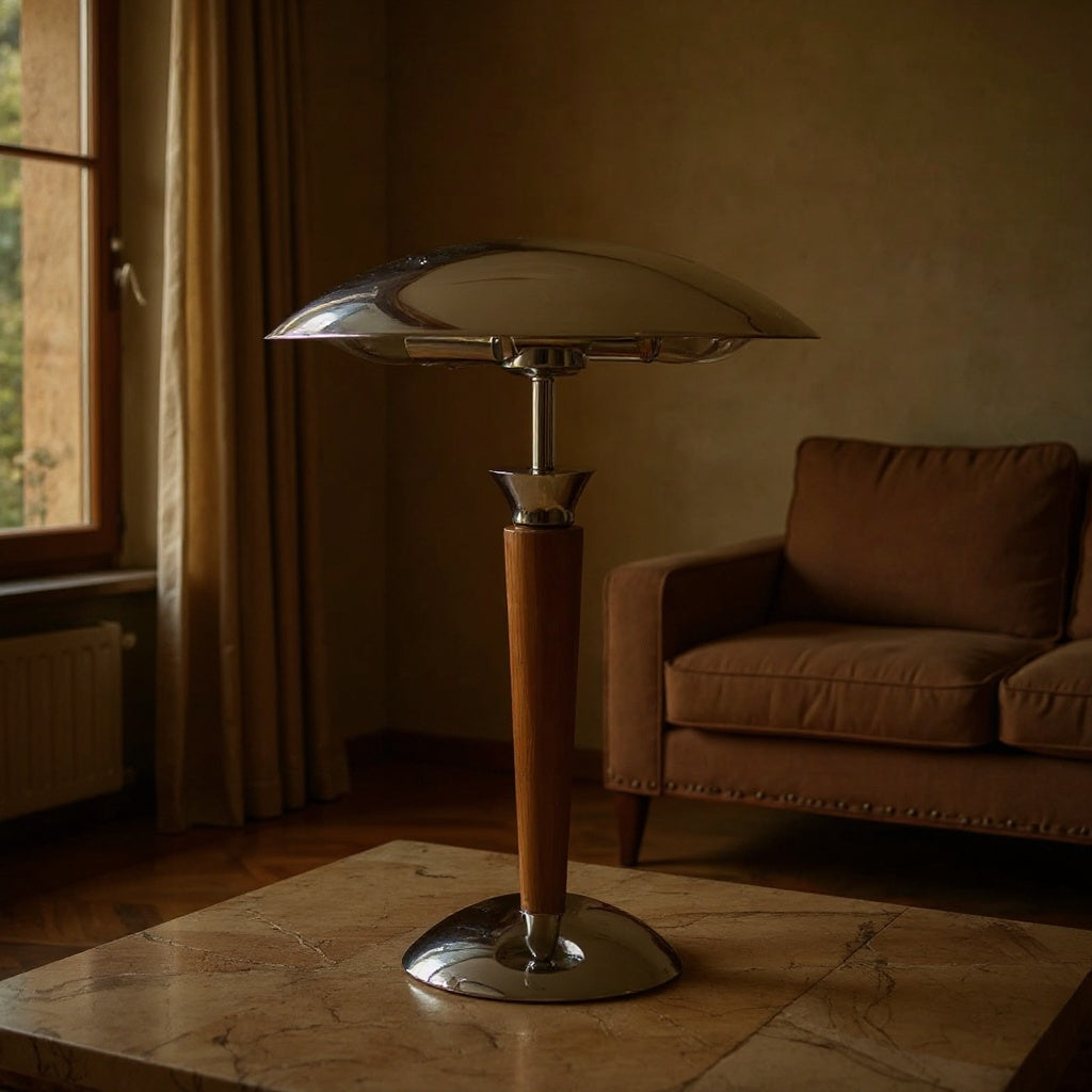 Mid-Century Modern Chrome and Wood Table Lamp