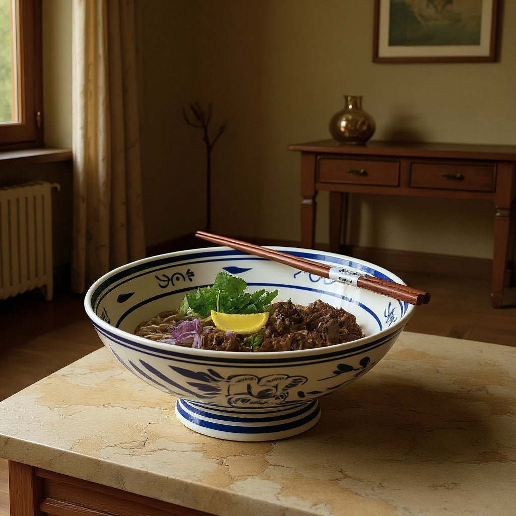 Blue and White Japanese Ramen Bowl